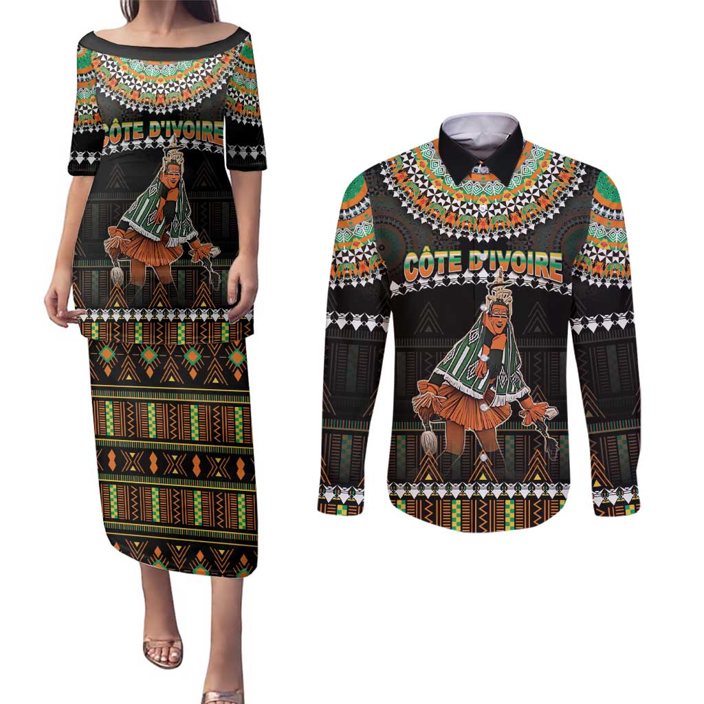 Ivory Coast Festival Of Masks Couples Matching Puletasi and Long Sleeve Button Shirt Traditional Zaouli Dance LT05 - Wonder Print Shop