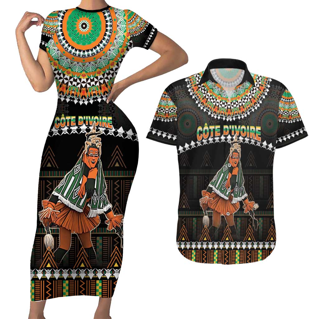 Ivory Coast Festival Of Masks Couples Matching Short Sleeve Bodycon Dress and Hawaiian Shirt Traditional Zaouli Dance LT05 - Wonder Print Shop