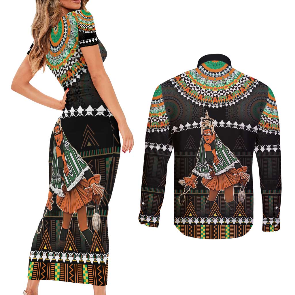 Ivory Coast Festival Of Masks Couples Matching Short Sleeve Bodycon Dress and Long Sleeve Button Shirt Traditional Zaouli Dance LT05 - Wonder Print Shop