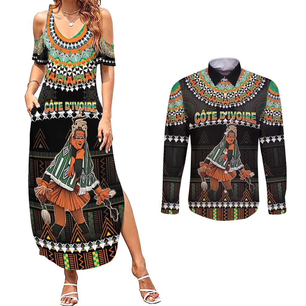 Ivory Coast Festival Of Masks Couples Matching Summer Maxi Dress and Long Sleeve Button Shirt Traditional Zaouli Dance LT05 - Wonder Print Shop