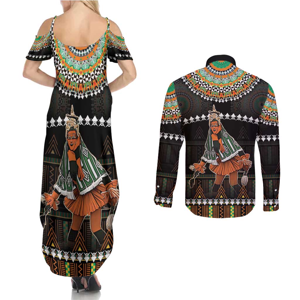 Ivory Coast Festival Of Masks Couples Matching Summer Maxi Dress and Long Sleeve Button Shirt Traditional Zaouli Dance LT05 - Wonder Print Shop