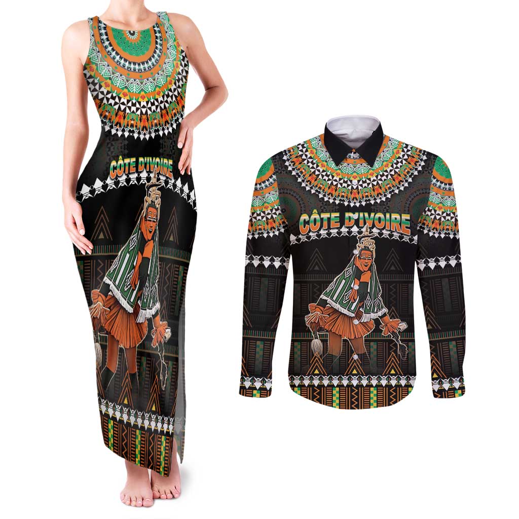 Ivory Coast Festival Of Masks Couples Matching Tank Maxi Dress and Long Sleeve Button Shirt Traditional Zaouli Dance LT05 - Wonder Print Shop