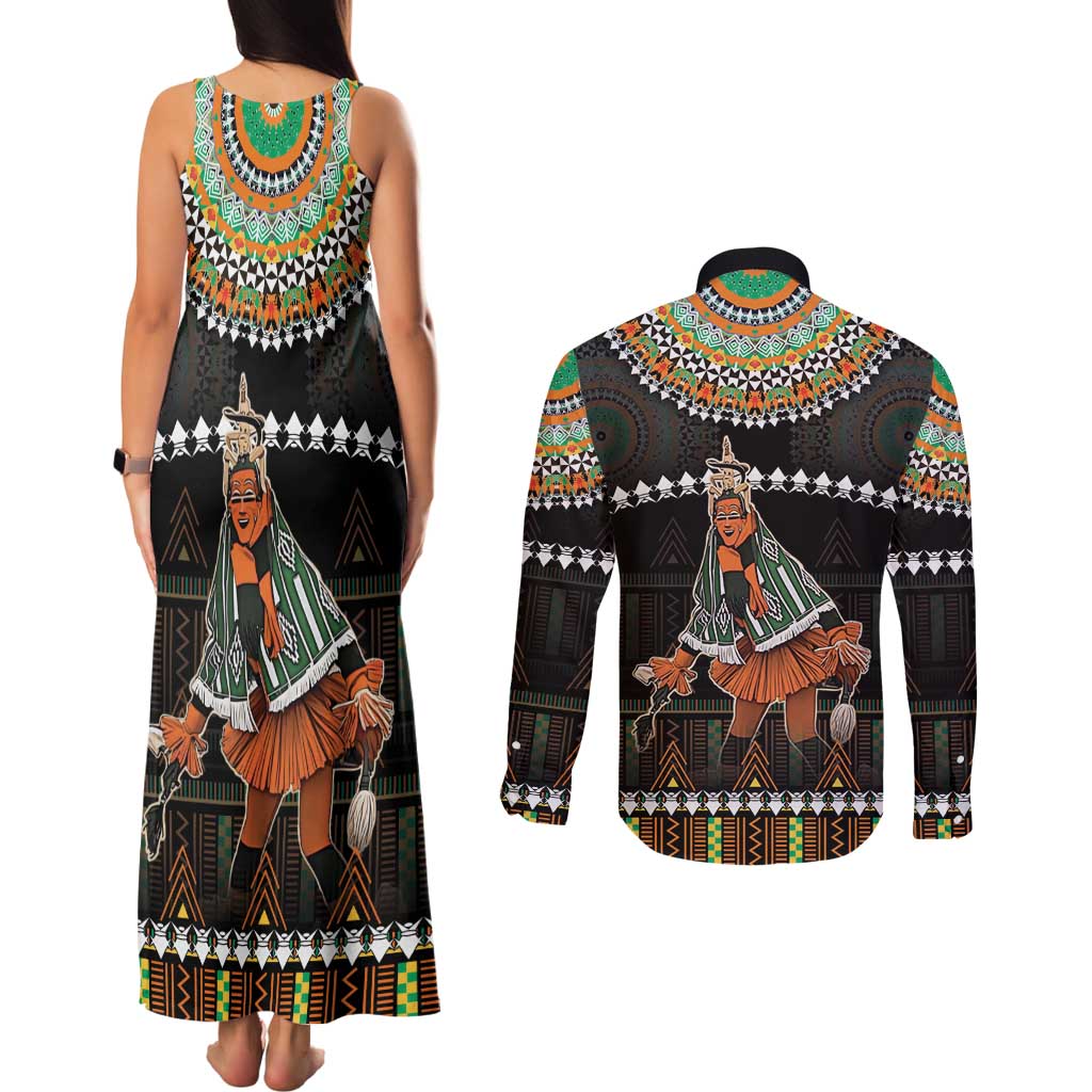 Ivory Coast Festival Of Masks Couples Matching Tank Maxi Dress and Long Sleeve Button Shirt Traditional Zaouli Dance LT05 - Wonder Print Shop