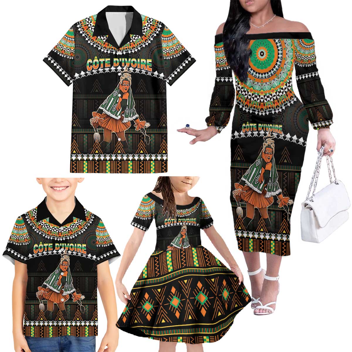 Ivory Coast Festival Of Masks Family Matching Off The Shoulder Long Sleeve Dress and Hawaiian Shirt Traditional Zaouli Dance LT05 - Wonder Print Shop