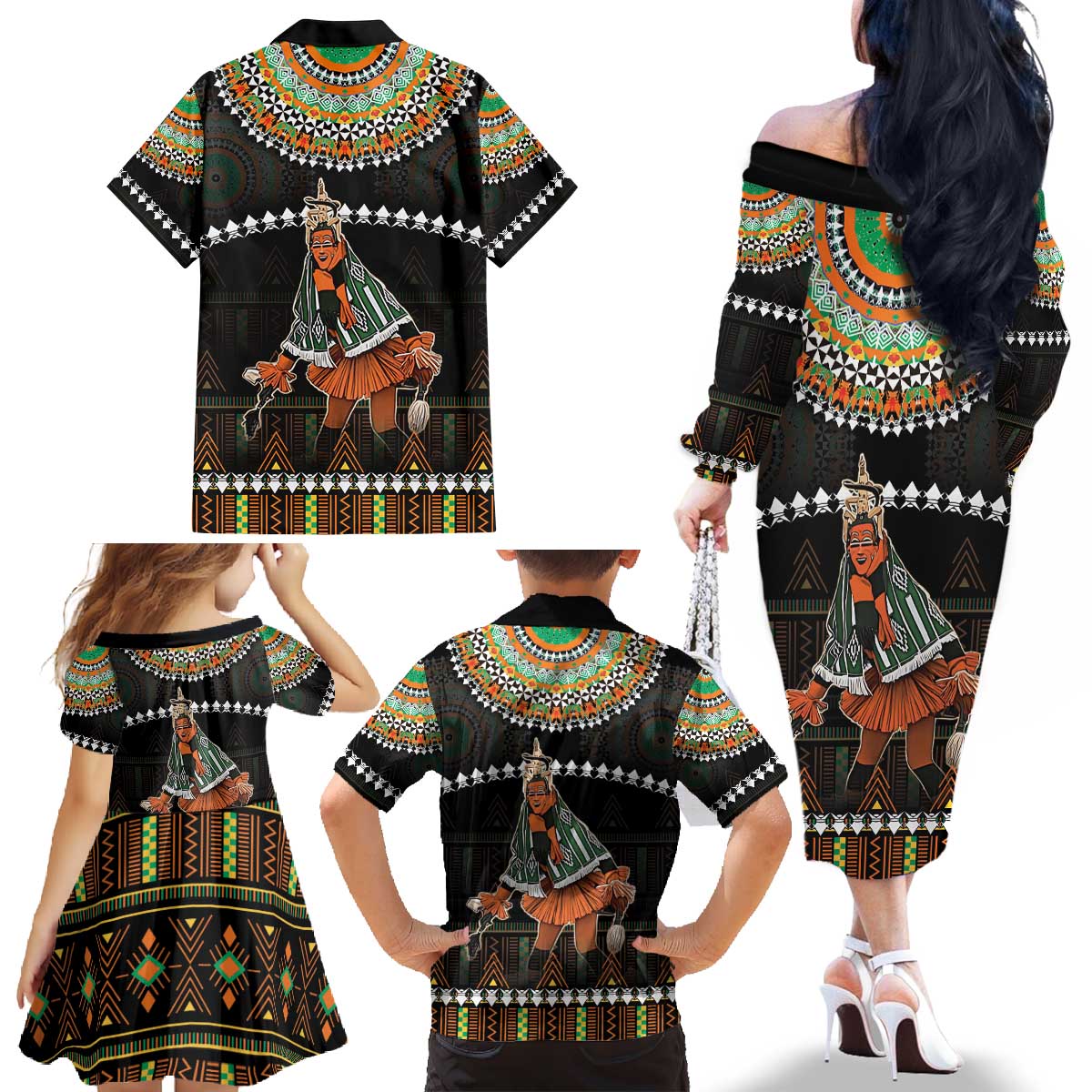 Ivory Coast Festival Of Masks Family Matching Off The Shoulder Long Sleeve Dress and Hawaiian Shirt Traditional Zaouli Dance LT05 - Wonder Print Shop