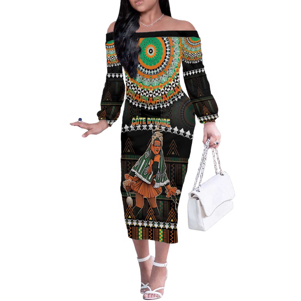 Ivory Coast Festival Of Masks Family Matching Off The Shoulder Long Sleeve Dress and Hawaiian Shirt Traditional Zaouli Dance LT05 - Wonder Print Shop