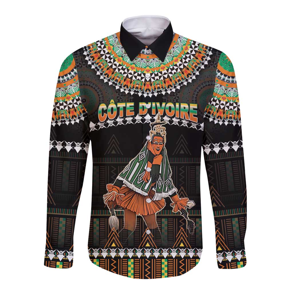 Ivory Coast Festival Of Masks Long Sleeve Button Shirt Traditional Zaouli Dance LT05 - Wonder Print Shop