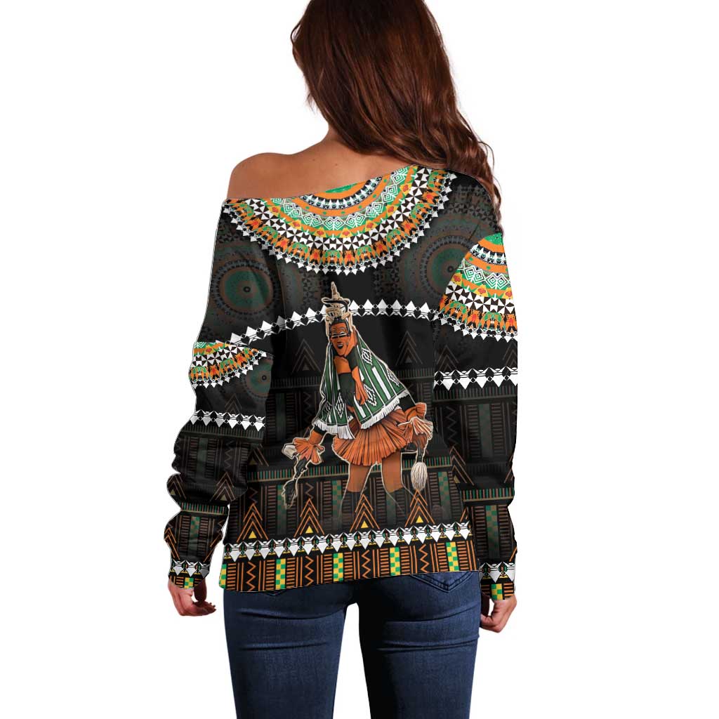 Ivory Coast Festival Of Masks Off Shoulder Sweater Traditional Zaouli Dance LT05 - Wonder Print Shop