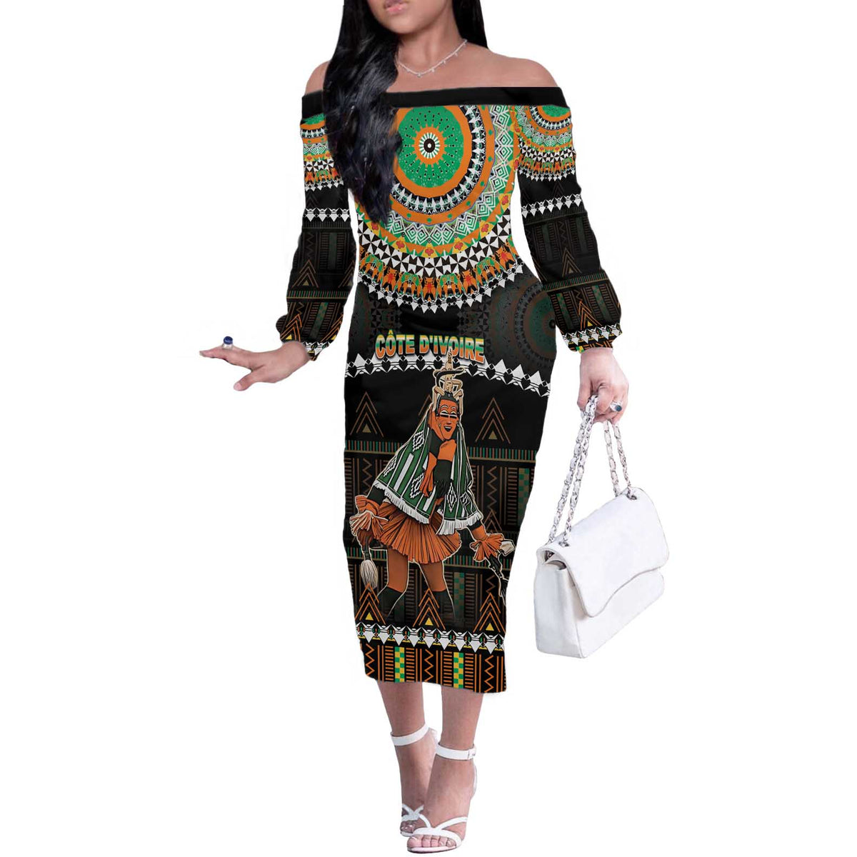 Ivory Coast Festival Of Masks Off The Shoulder Long Sleeve Dress Traditional Zaouli Dance LT05 - Wonder Print Shop