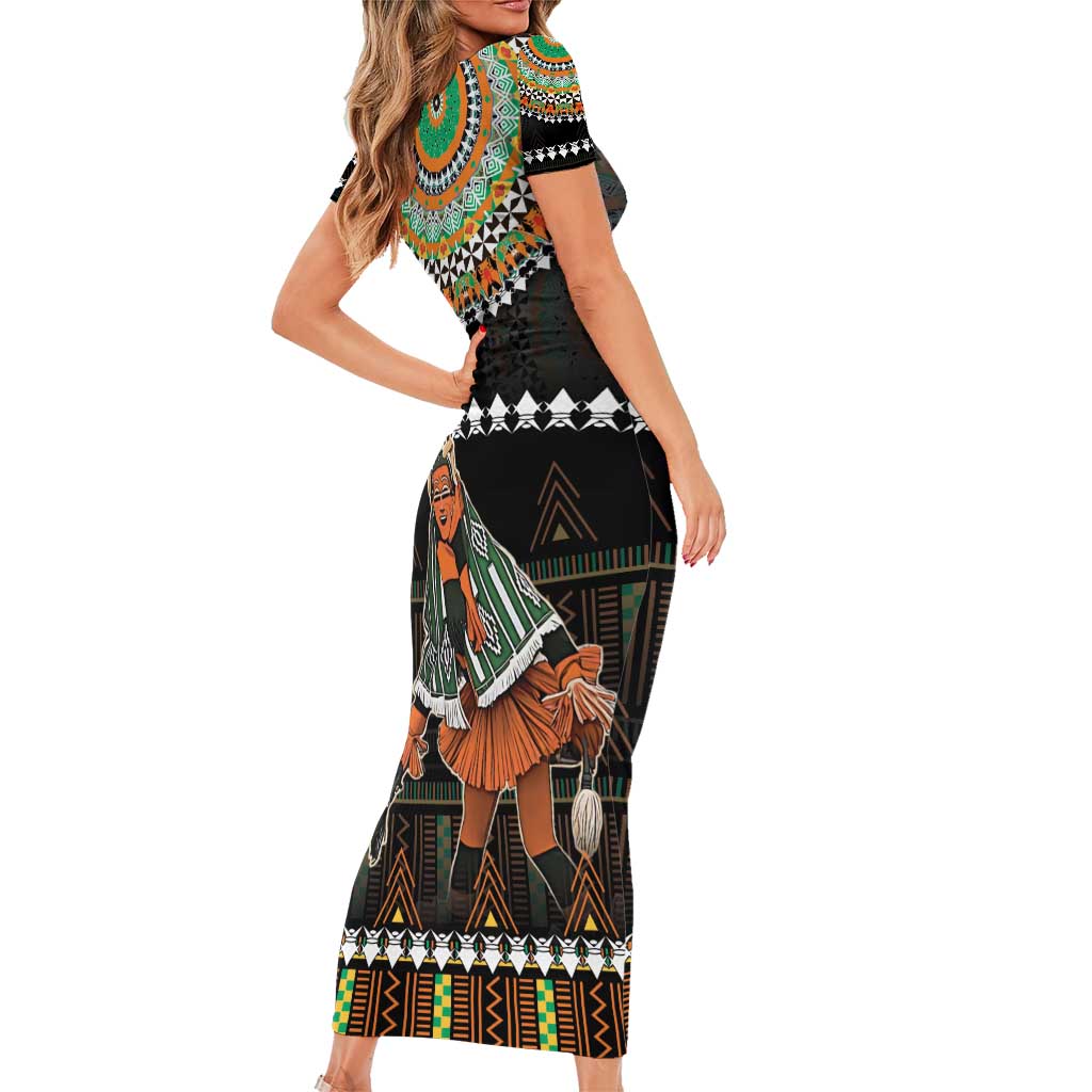 Ivory Coast Festival Of Masks Short Sleeve Bodycon Dress Traditional Zaouli Dance LT05 - Wonder Print Shop
