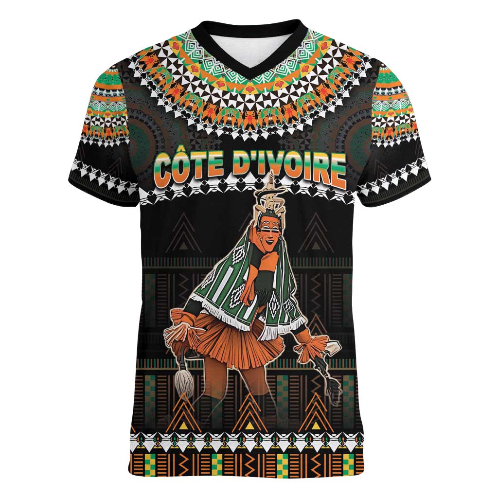 Ivory Coast Festival Of Masks Women V-Neck T-Shirt Traditional Zaouli Dance LT05 - Wonder Print Shop