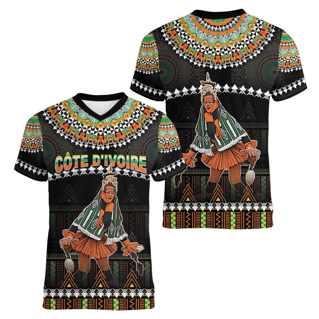 Ivory Coast Festival Of Masks Women V-Neck T-Shirt Traditional Zaouli Dance LT05 - Wonder Print Shop