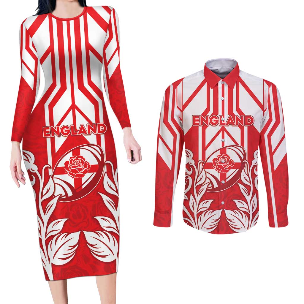 England Red Rose Rugby Custom Couples Matching Long Sleeve Bodycon Dress and Long Sleeve Button Shirt Sporty Style - Wonder Print Shop