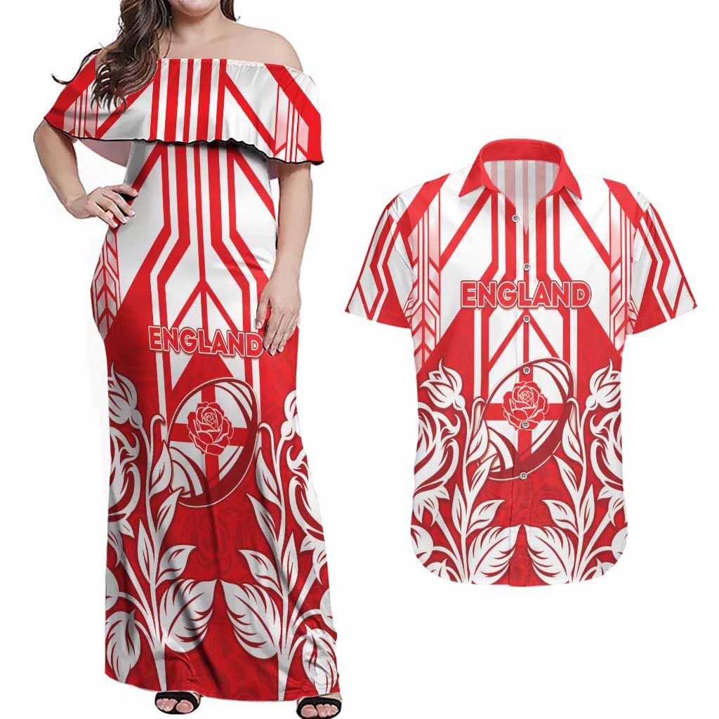 England Red Rose Rugby Custom Couples Matching Off Shoulder Maxi Dress and Hawaiian Shirt Sporty Style - Wonder Print Shop