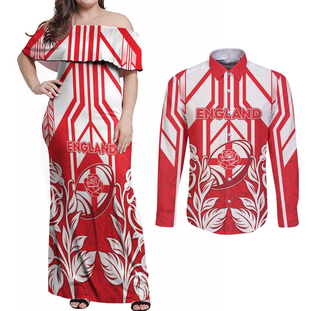England Red Rose Rugby Custom Couples Matching Off Shoulder Maxi Dress and Long Sleeve Button Shirt Sporty Style - Wonder Print Shop