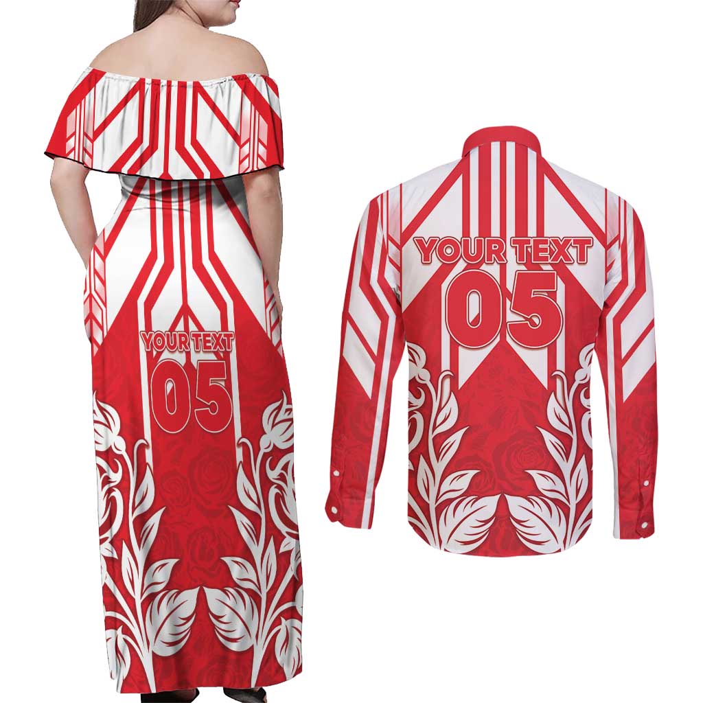England Red Rose Rugby Custom Couples Matching Off Shoulder Maxi Dress and Long Sleeve Button Shirt Sporty Style - Wonder Print Shop
