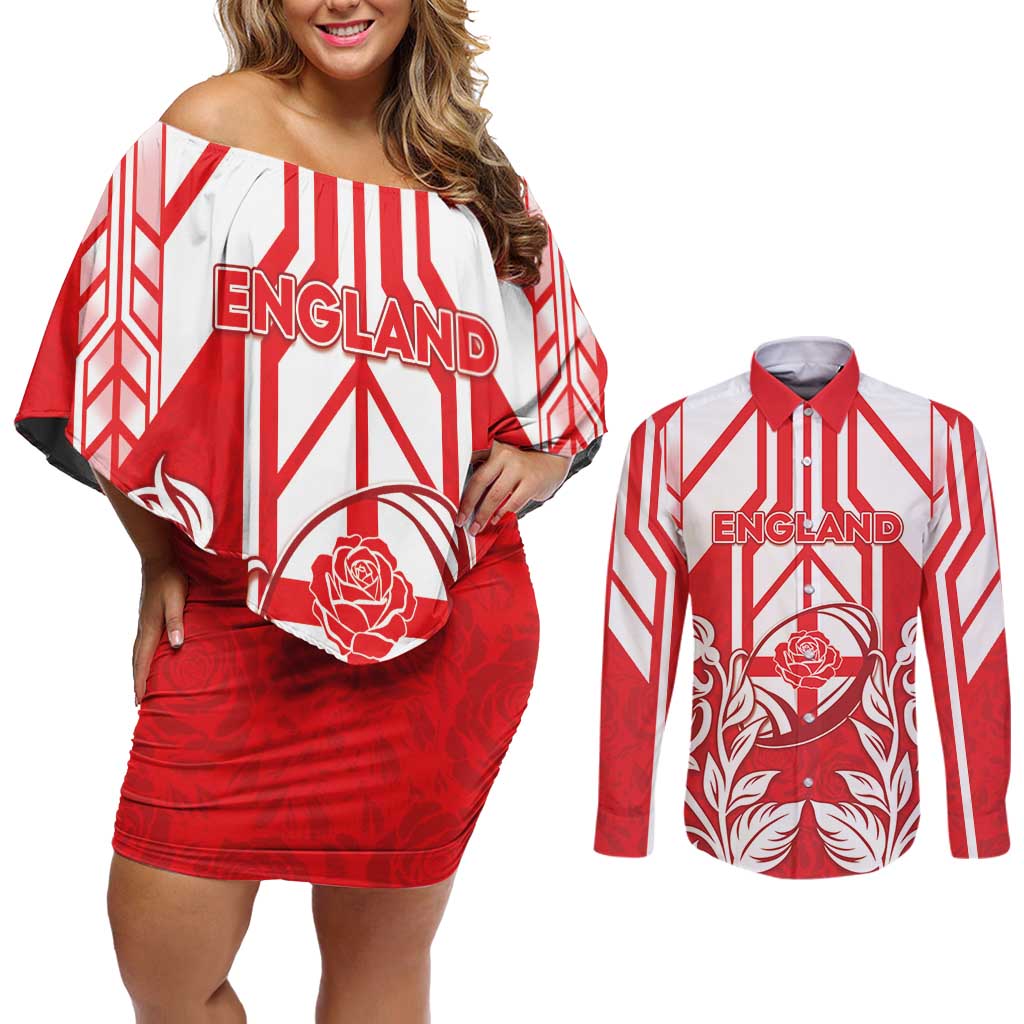 England Red Rose Rugby Custom Couples Matching Off Shoulder Short Dress and Long Sleeve Button Shirt Sporty Style - Wonder Print Shop