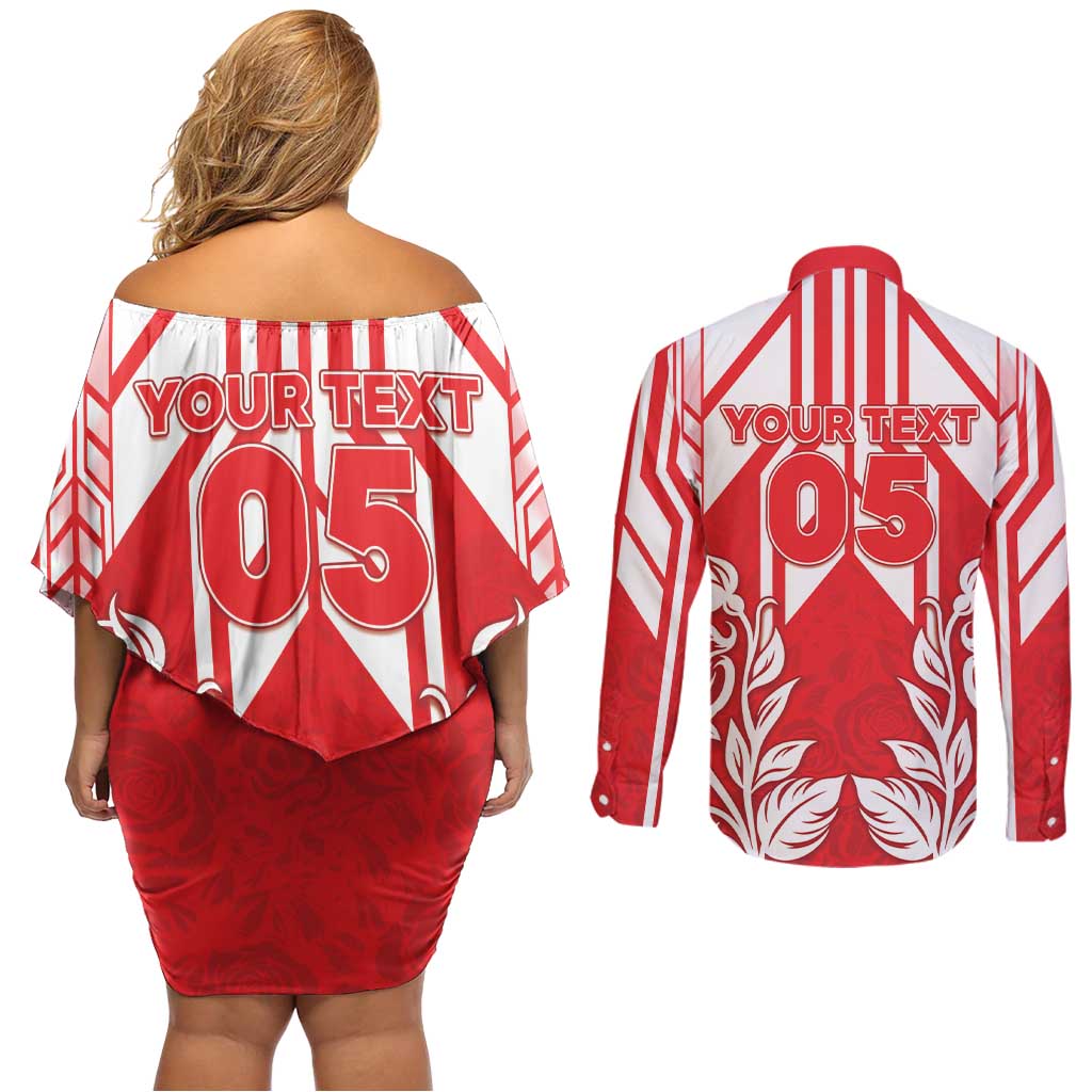 England Red Rose Rugby Custom Couples Matching Off Shoulder Short Dress and Long Sleeve Button Shirt Sporty Style - Wonder Print Shop