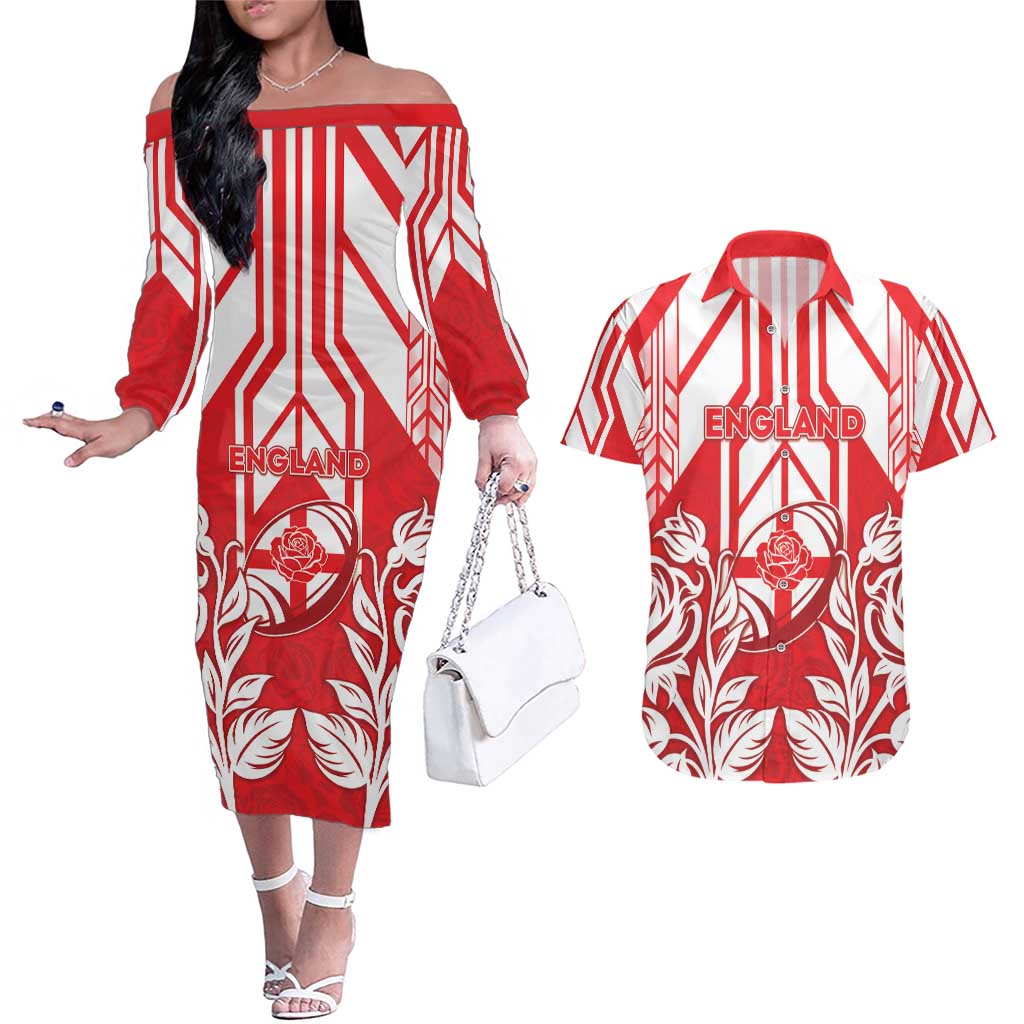 England Red Rose Rugby Custom Couples Matching Off The Shoulder Long Sleeve Dress and Hawaiian Shirt Sporty Style - Wonder Print Shop