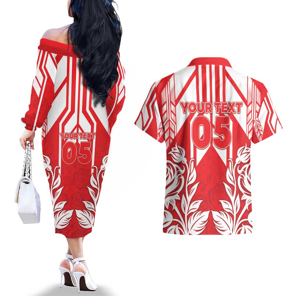 England Red Rose Rugby Custom Couples Matching Off The Shoulder Long Sleeve Dress and Hawaiian Shirt Sporty Style - Wonder Print Shop