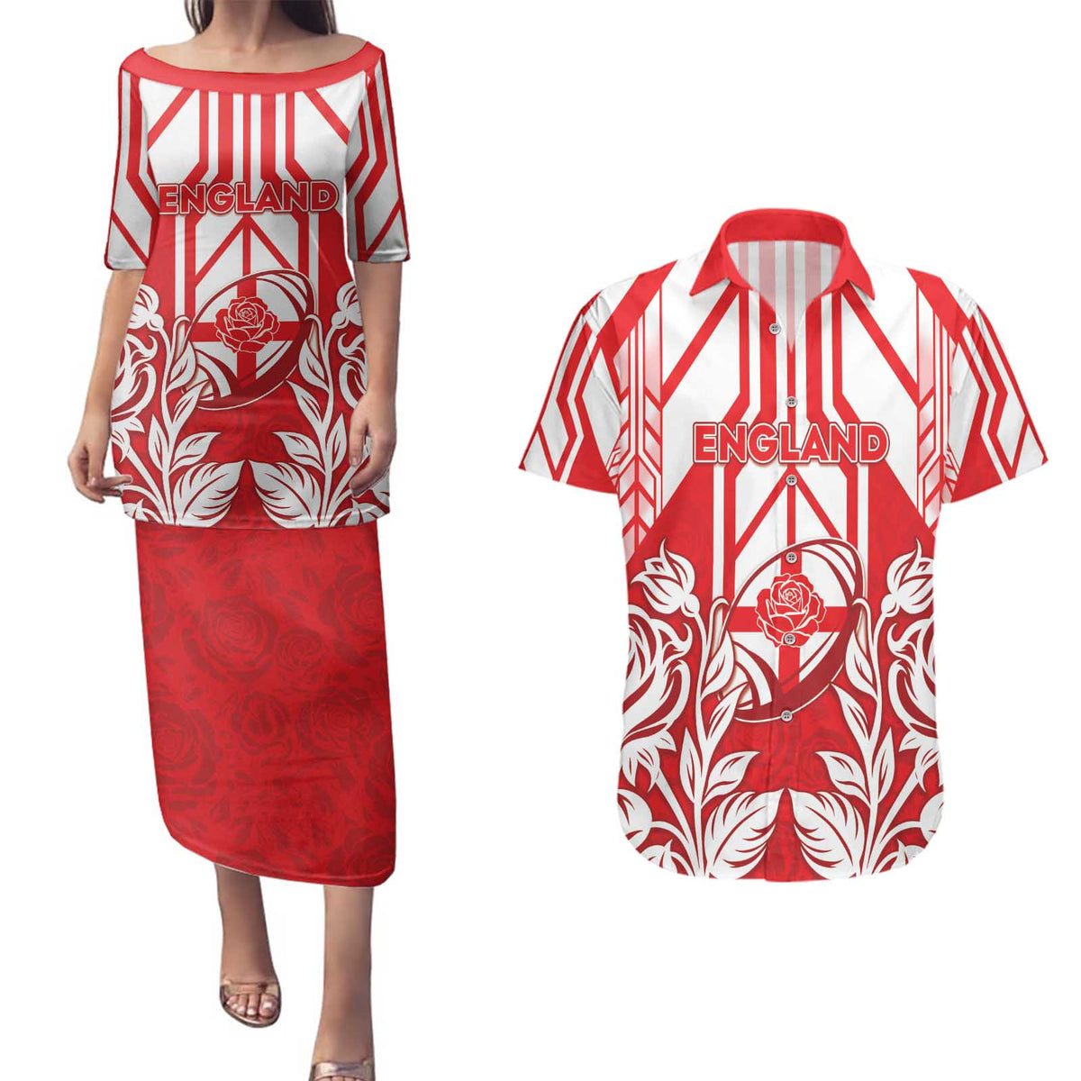 England Red Rose Rugby Custom Couples Matching Puletasi and Hawaiian Shirt Sporty Style - Wonder Print Shop