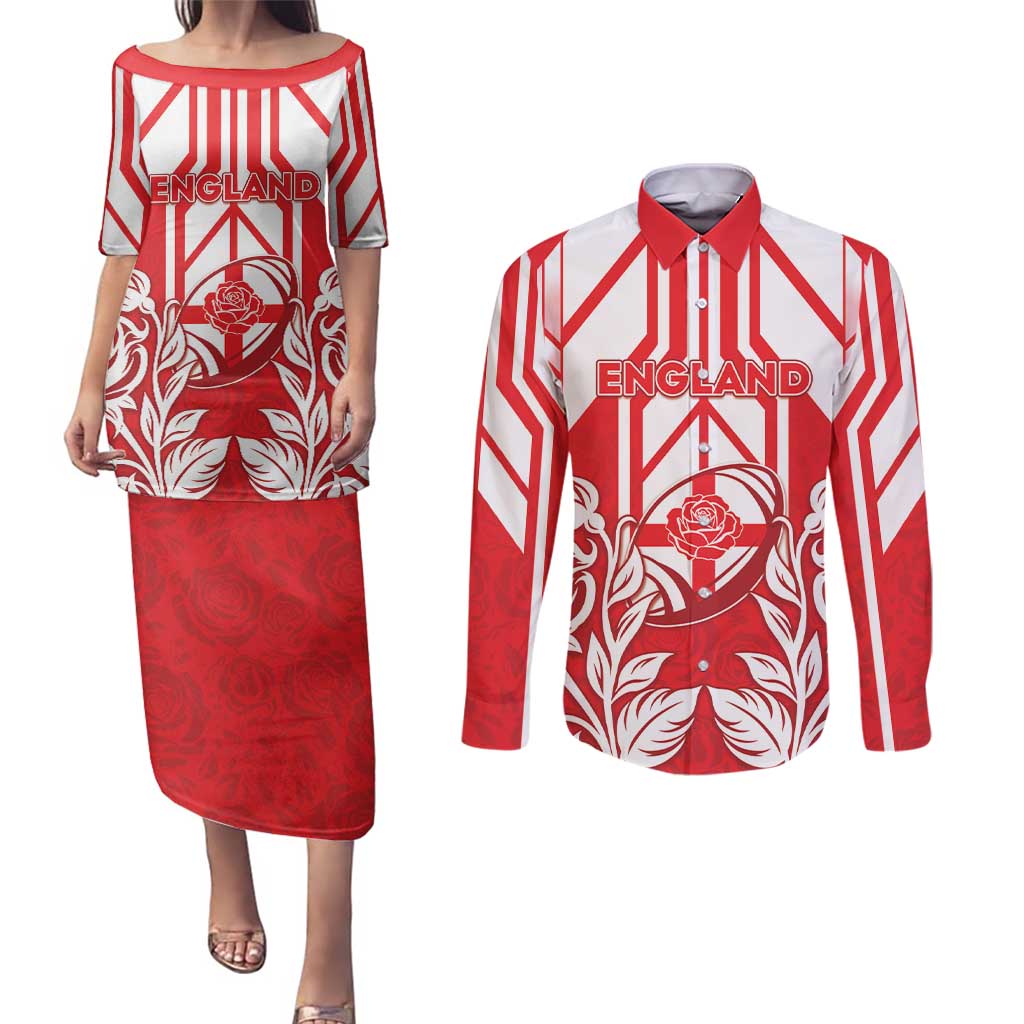 England Red Rose Rugby Custom Couples Matching Puletasi and Long Sleeve Button Shirt Sporty Style - Wonder Print Shop