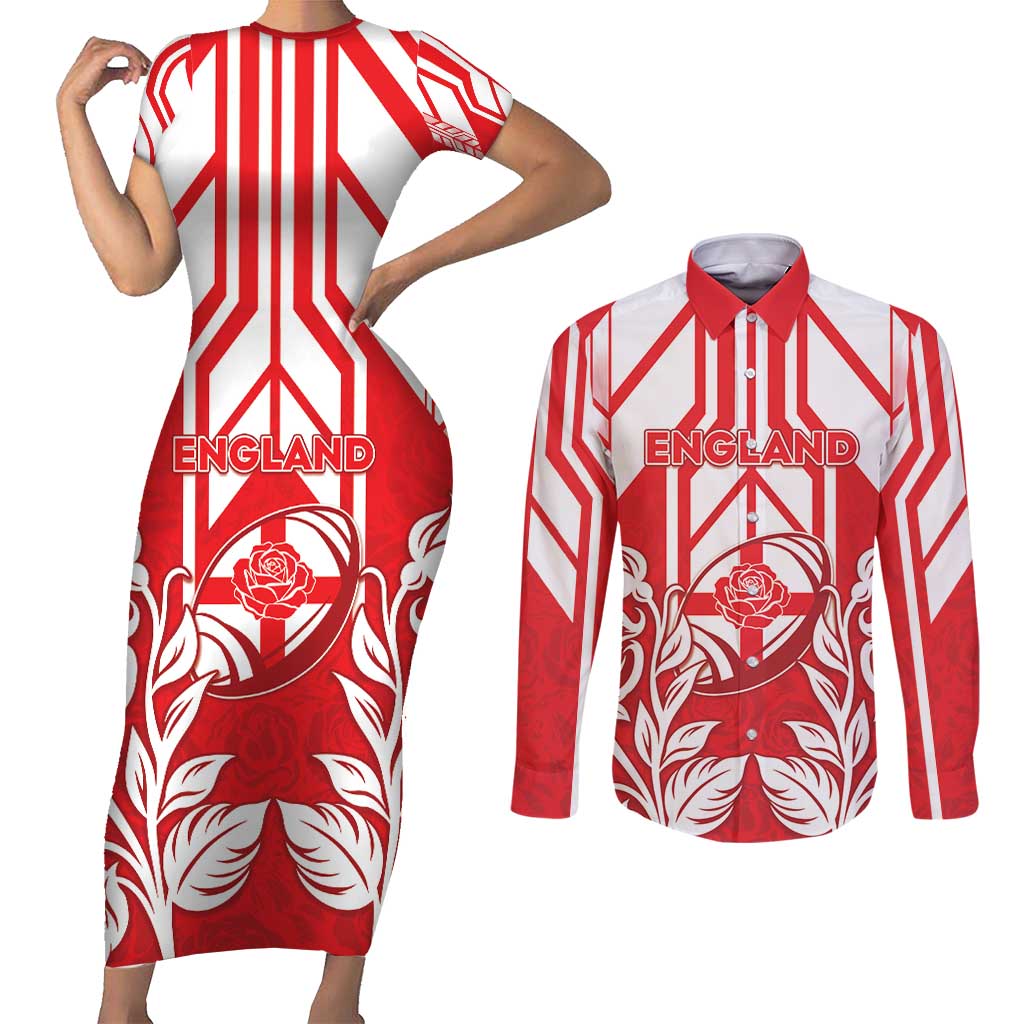 England Red Rose Rugby Custom Couples Matching Short Sleeve Bodycon Dress and Long Sleeve Button Shirt Sporty Style - Wonder Print Shop