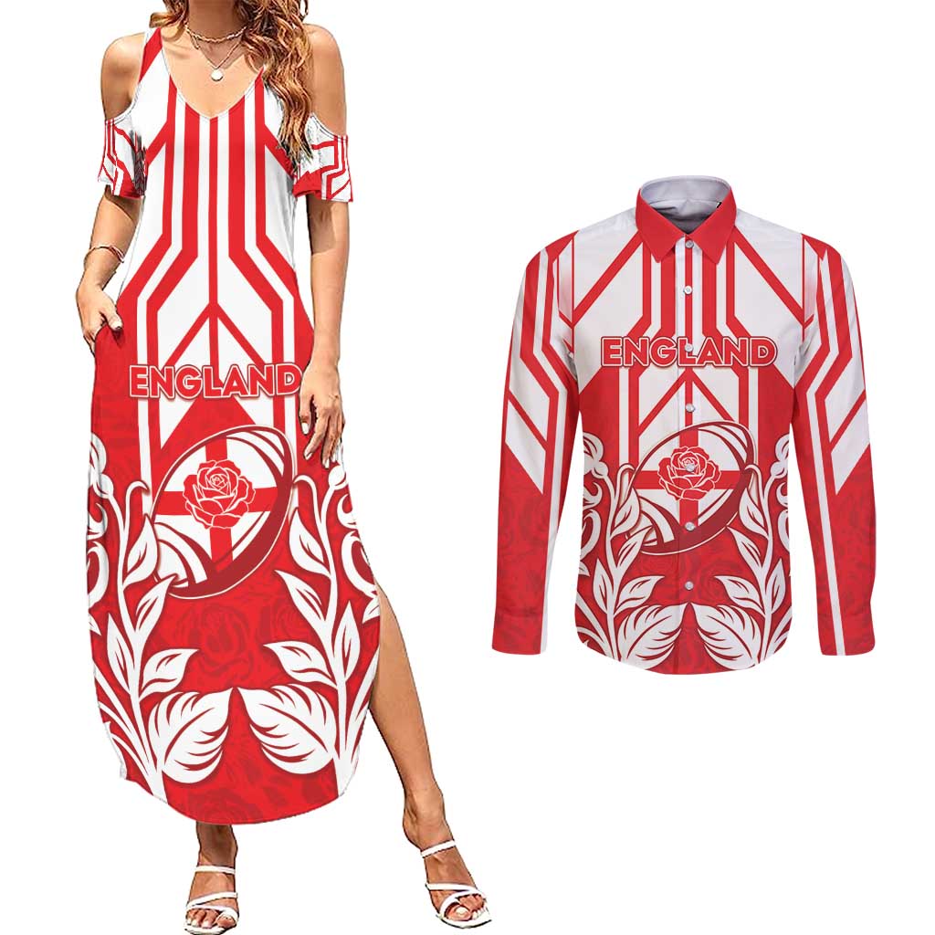 England Red Rose Rugby Custom Couples Matching Summer Maxi Dress and Long Sleeve Button Shirt Sporty Style - Wonder Print Shop