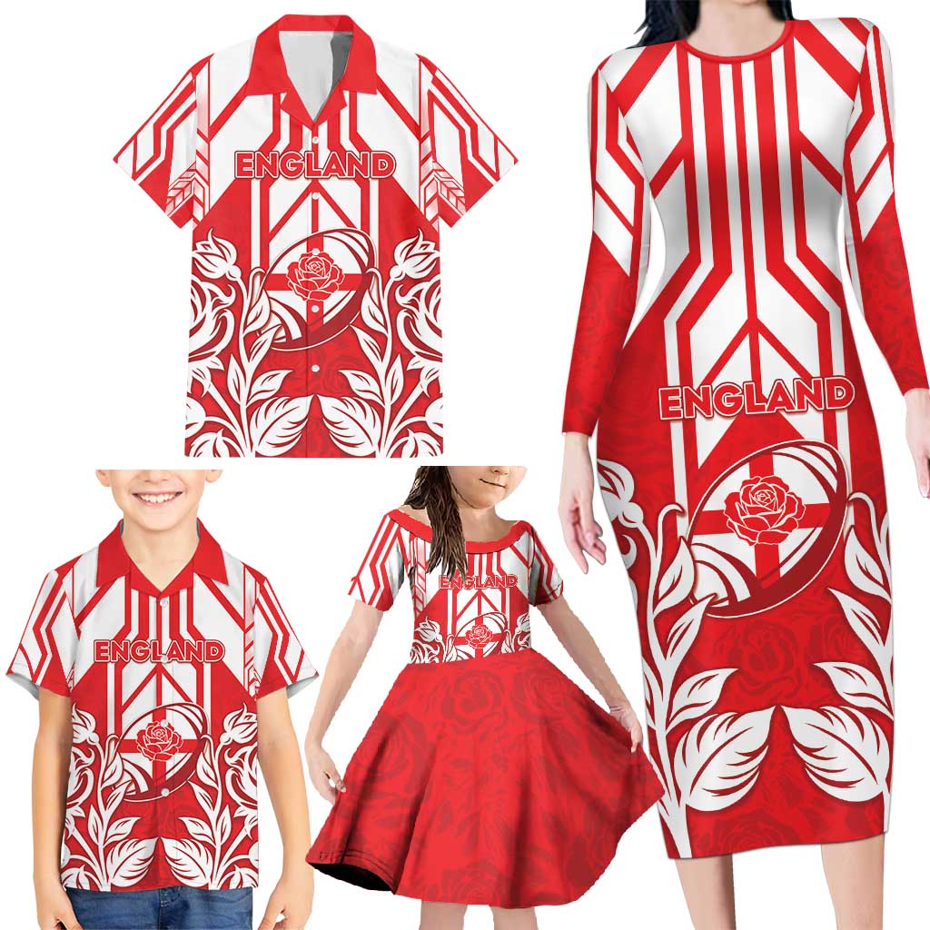 England Red Rose Rugby Custom Family Matching Long Sleeve Bodycon Dress and Hawaiian Shirt Sporty Style - Wonder Print Shop