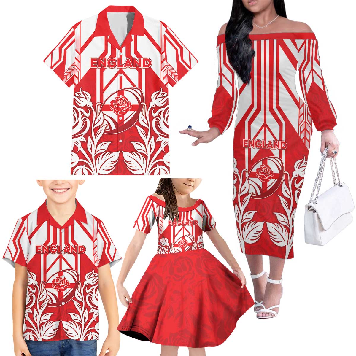 England Red Rose Rugby Custom Family Matching Off The Shoulder Long Sleeve Dress and Hawaiian Shirt Sporty Style - Wonder Print Shop