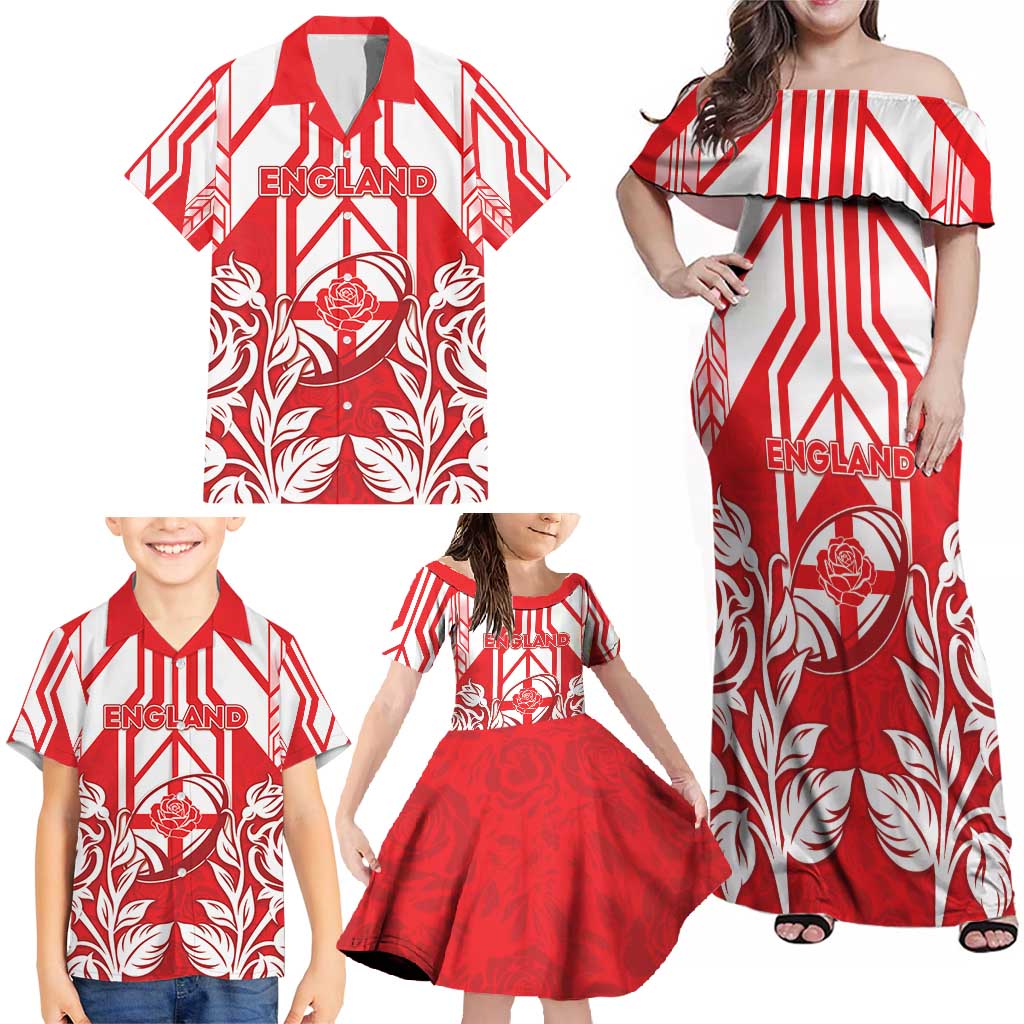 England Red Rose Rugby Custom Family Matching Off Shoulder Maxi Dress and Hawaiian Shirt Sporty Style - Wonder Print Shop