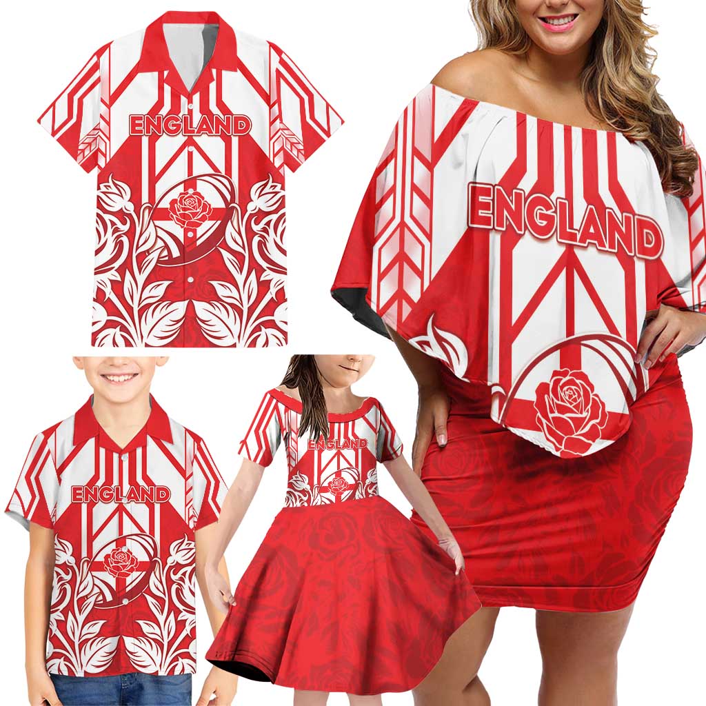 England Red Rose Rugby Custom Family Matching Off Shoulder Short Dress and Hawaiian Shirt Sporty Style - Wonder Print Shop