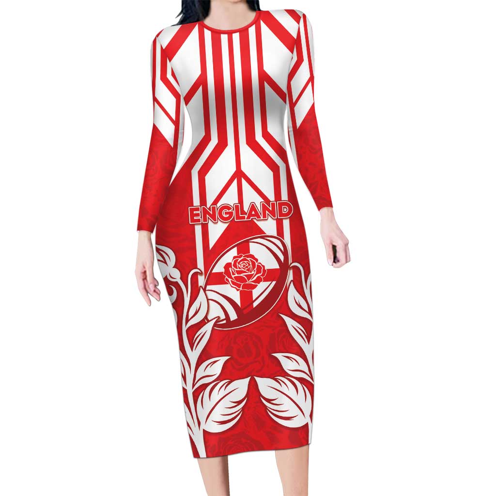 England Red Rose Rugby Custom Long Sleeve Bodycon Dress Sporty Style - Wonder Print Shop