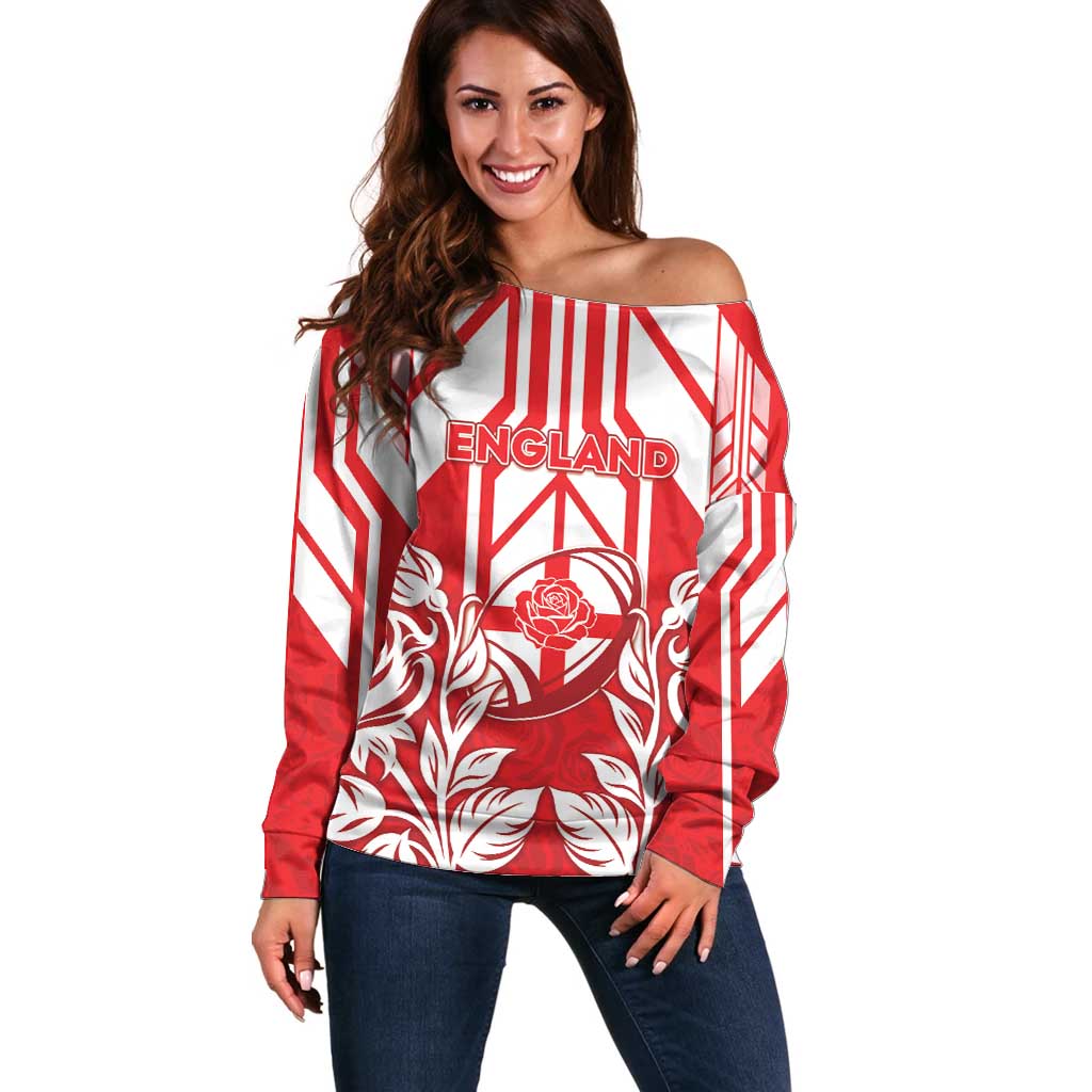 England Red Rose Rugby Custom Off Shoulder Sweater Sporty Style - Wonder Print Shop