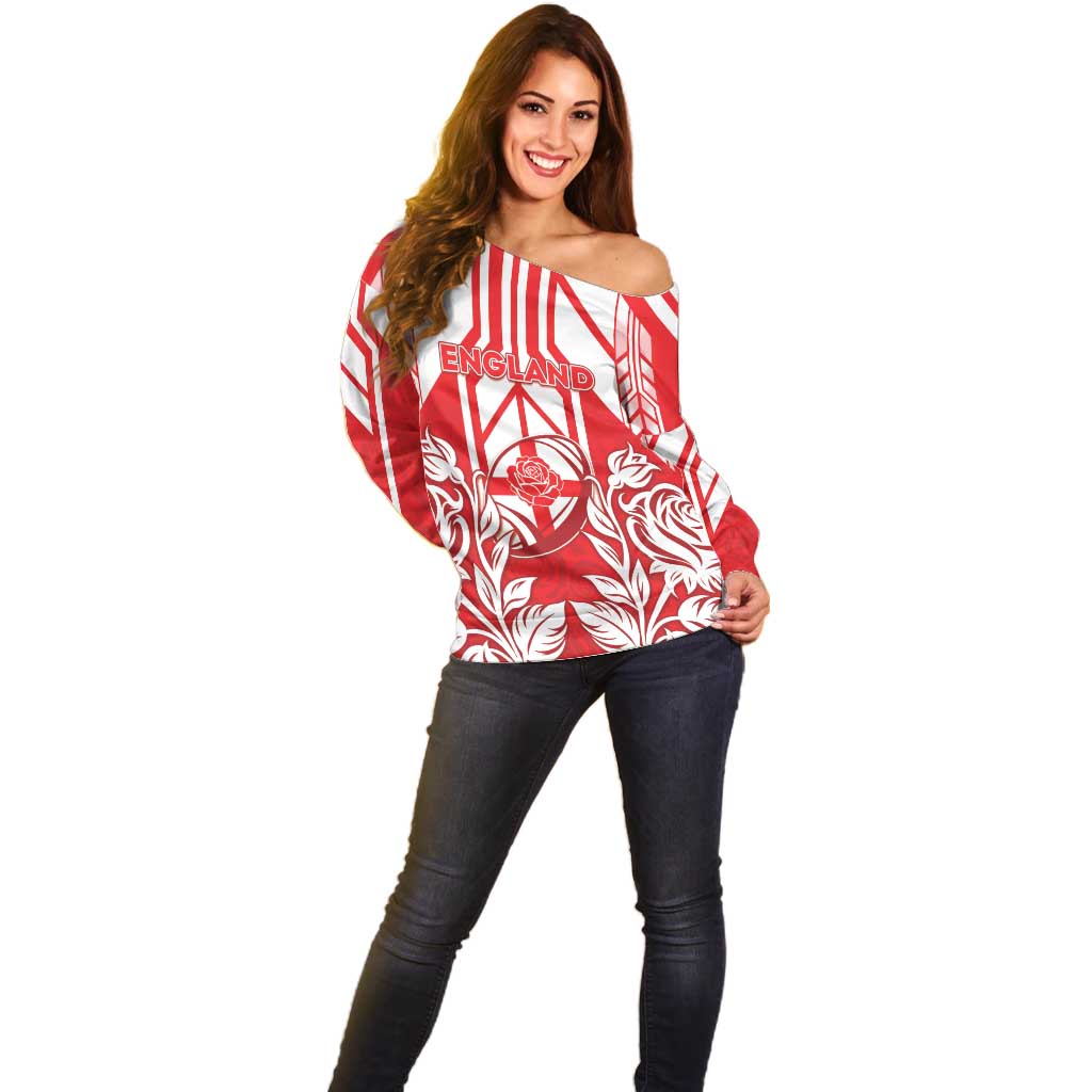 England Red Rose Rugby Custom Off Shoulder Sweater Sporty Style - Wonder Print Shop