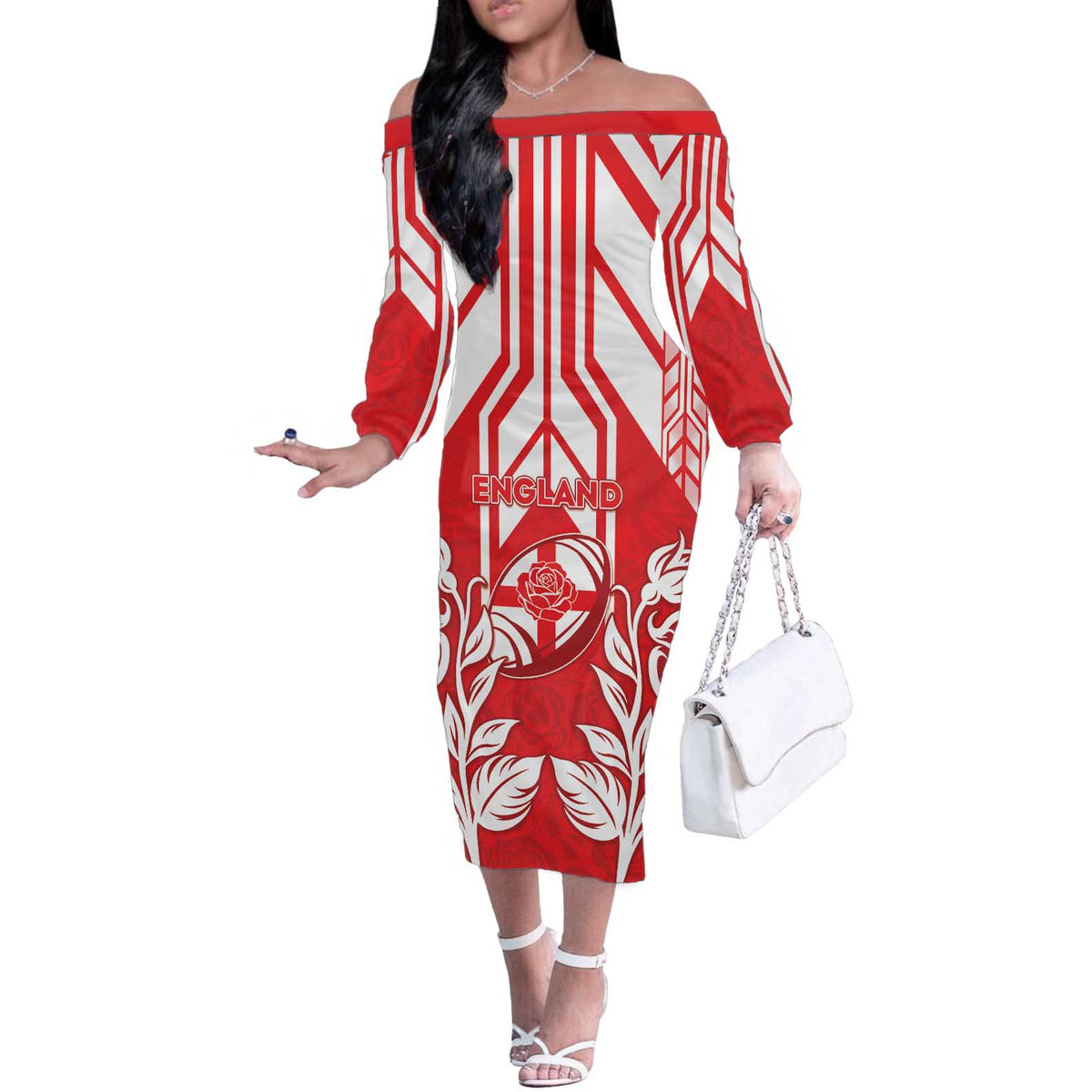 England Red Rose Rugby Custom Off The Shoulder Long Sleeve Dress Sporty Style - Wonder Print Shop