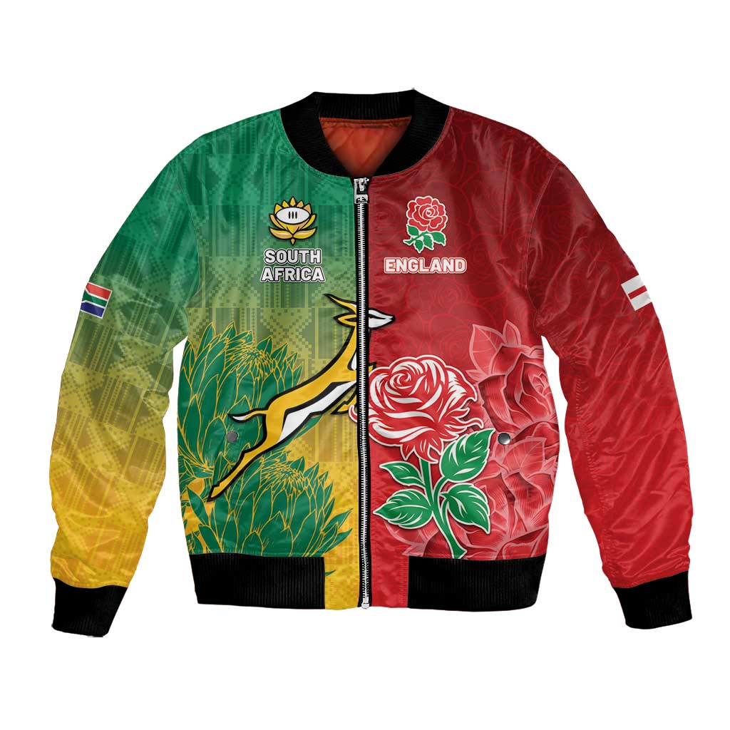 South Africa And England Rugby Custom Bomber Jacket Springboks And Red Rose Together - Wonder Print Shop