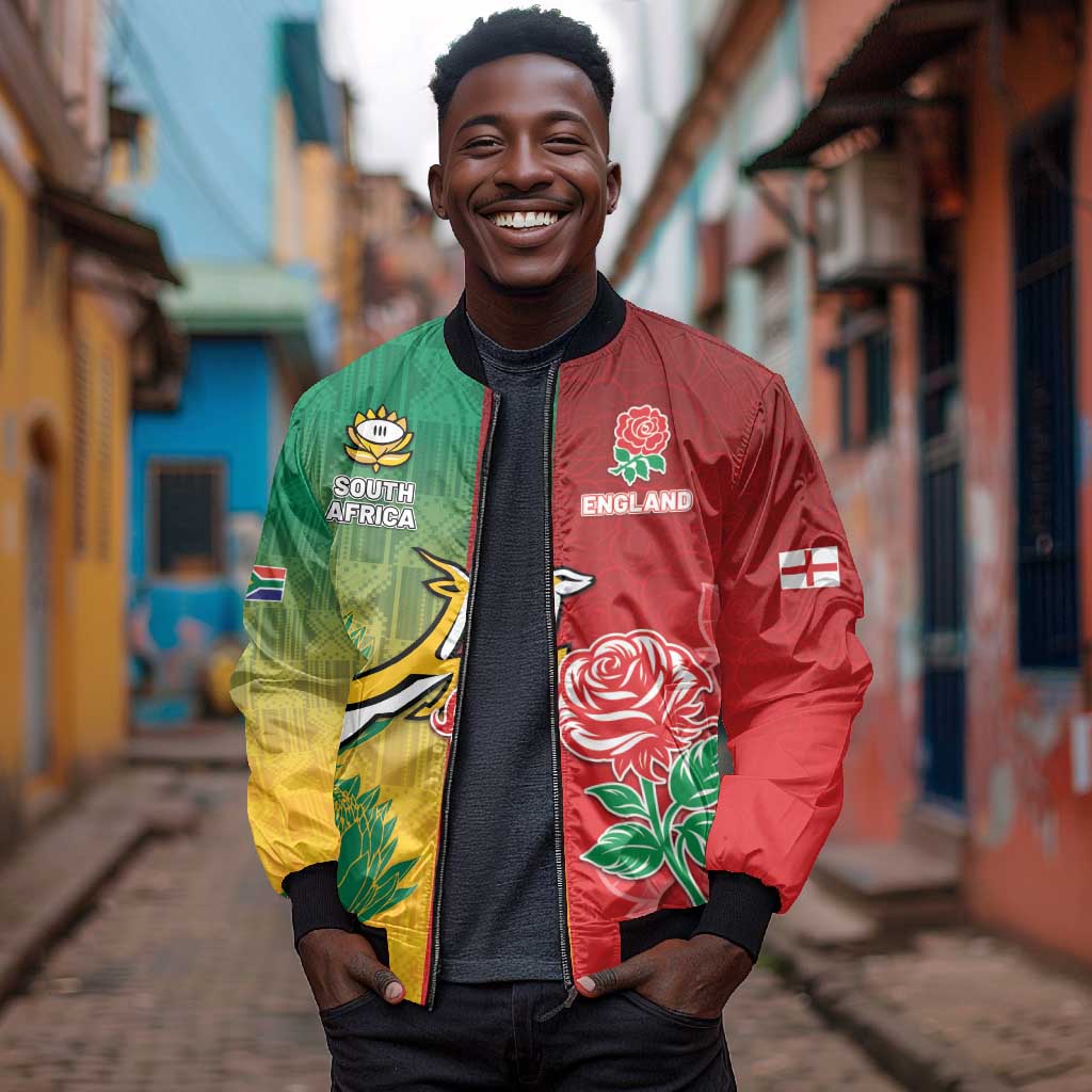 South Africa And England Rugby Custom Bomber Jacket Springboks And Red Rose Together - Wonder Print Shop