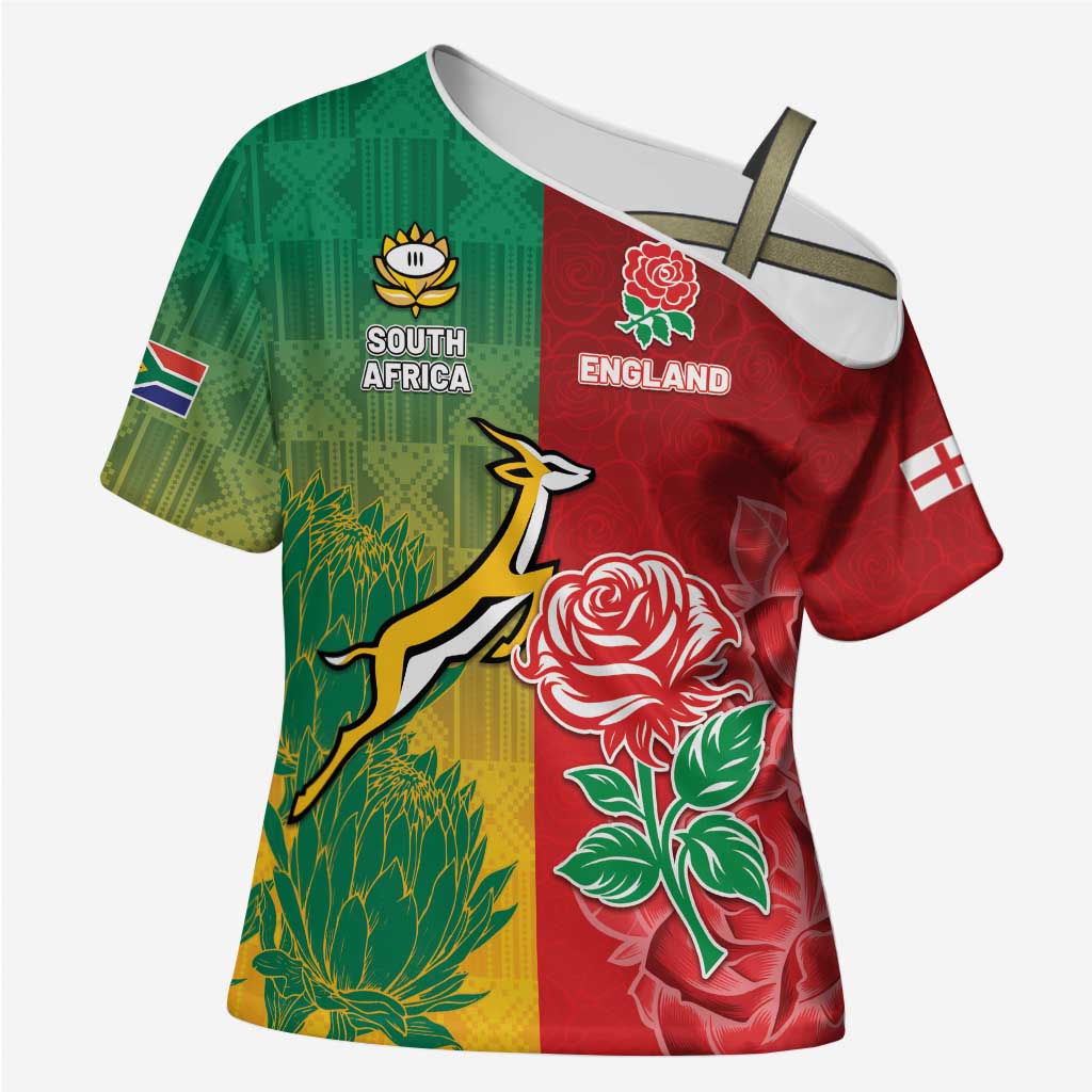 South Africa And England Rugby Custom Cross Shoulder Shirt Springboks And Red Rose Together - Wonder Print Shop