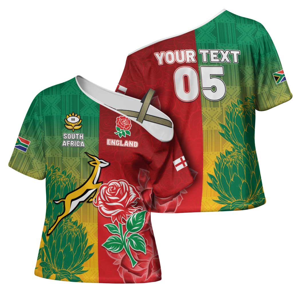 South Africa And England Rugby Custom Cross Shoulder Shirt Springboks And Red Rose Together - Wonder Print Shop
