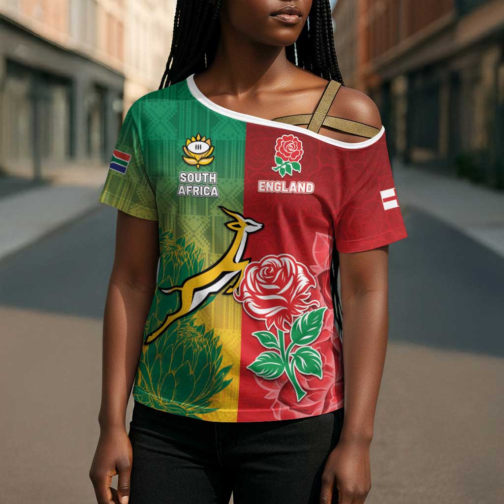 South Africa And England Rugby Custom Cross Shoulder Shirt Springboks And Red Rose Together - Wonder Print Shop