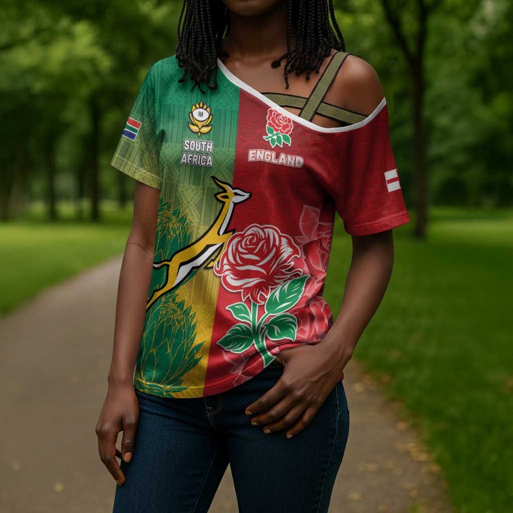 South Africa And England Rugby Custom Cross Shoulder Shirt Springboks And Red Rose Together - Wonder Print Shop