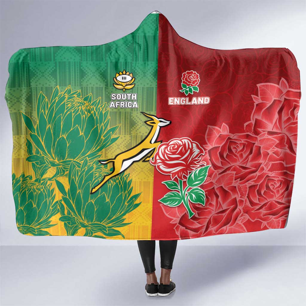 South Africa And England Rugby Hooded Blanket Springboks And Red Rose Together - Wonder Print Shop