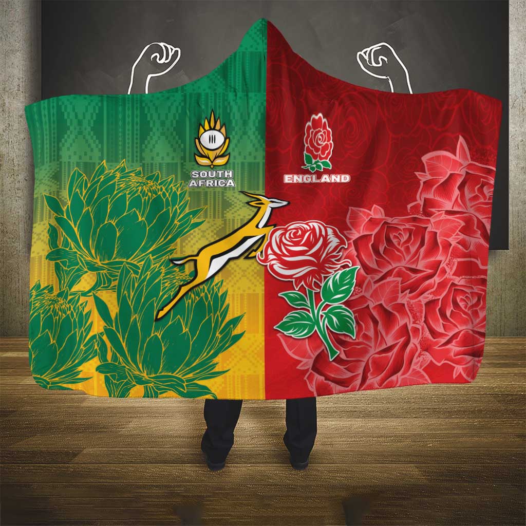 South Africa And England Rugby Hooded Blanket Springboks And Red Rose Together - Wonder Print Shop