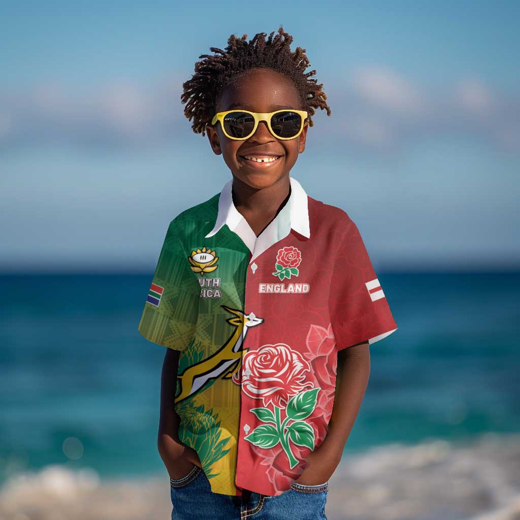 South Africa And England Rugby Custom Kid Hawaiian Shirt Springboks And Red Rose Together - Wonder Print Shop