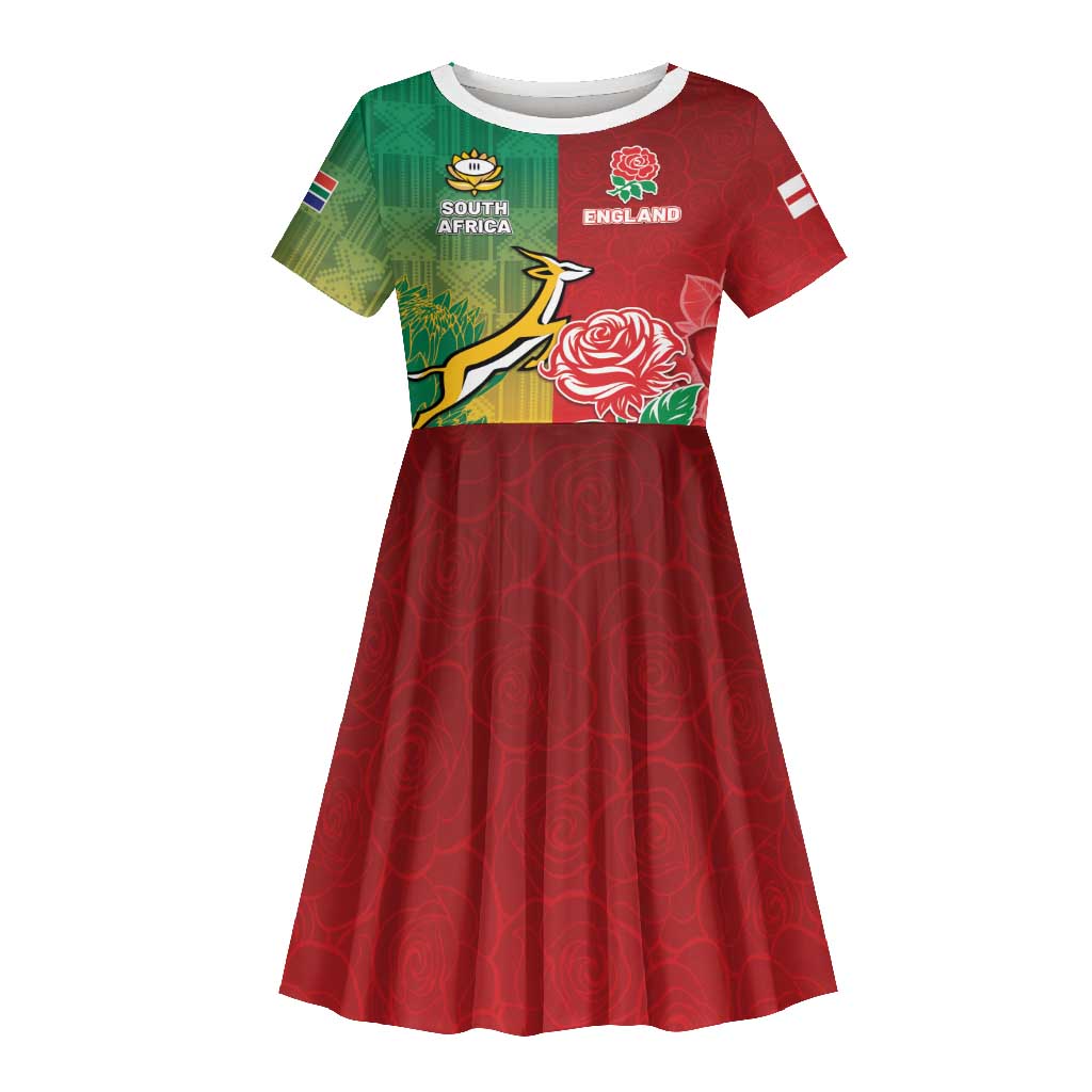 South Africa And England Rugby Custom Kid Short Sleeve Dress Springboks And Red Rose Together - Wonder Print Shop