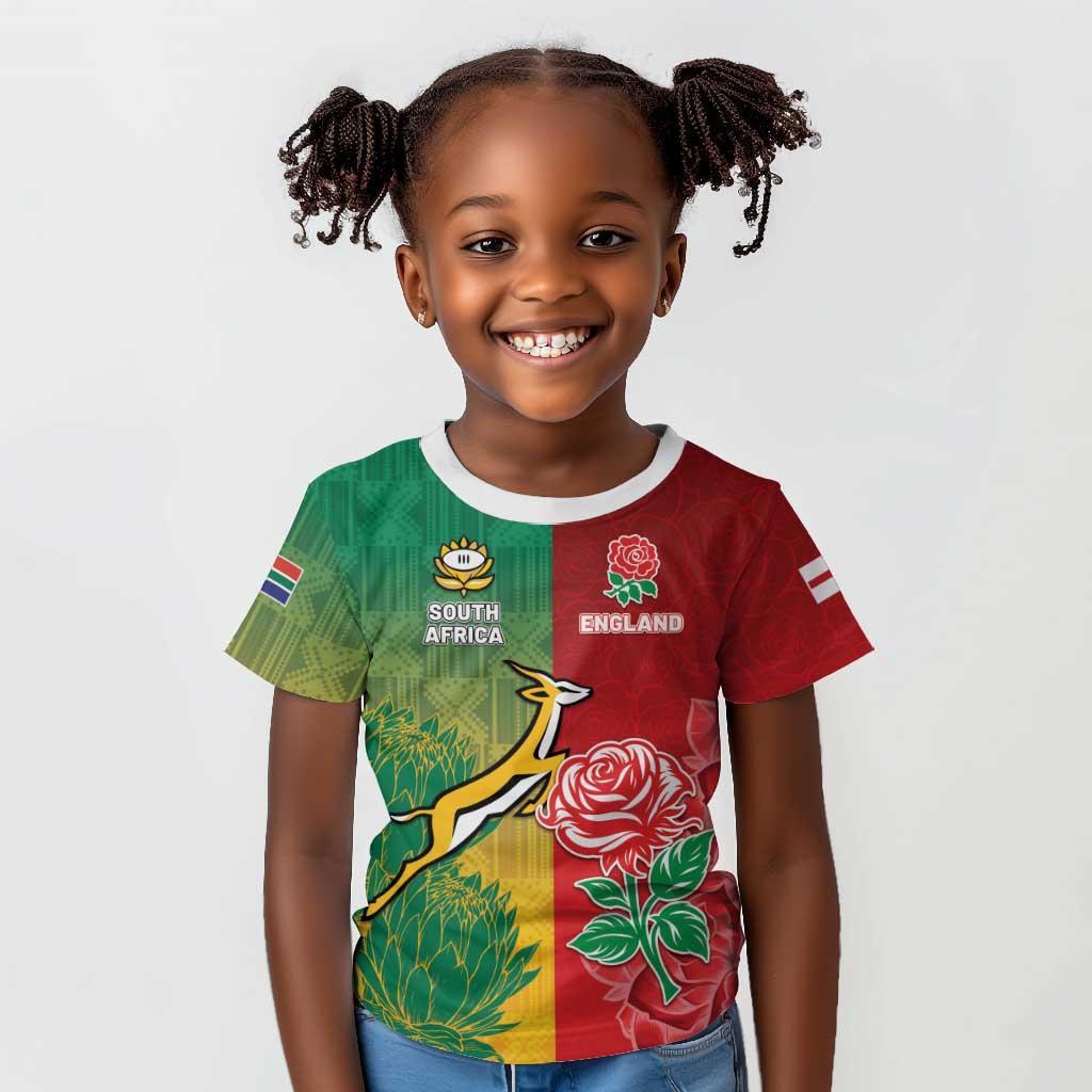 South Africa And England Rugby Custom Kid T shirt Springboks And Red Rose Together - Wonder Print Shop
