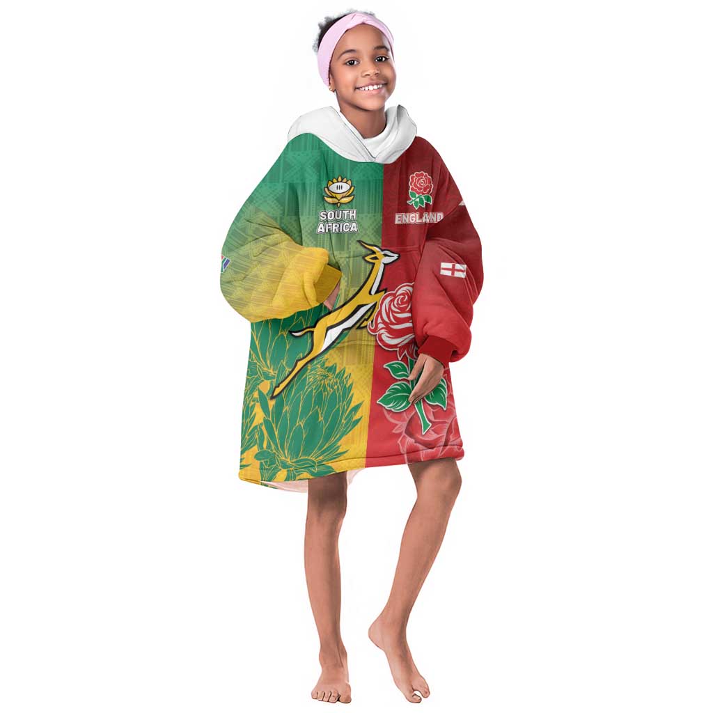 South Africa And England Rugby Custom Kid Wearable Blanket Hoodie Springboks And Red Rose Together - Wonder Print Shop