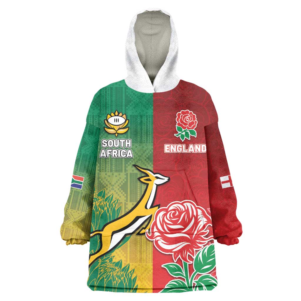 South Africa And England Rugby Custom Kid Wearable Blanket Hoodie Springboks And Red Rose Together - Wonder Print Shop