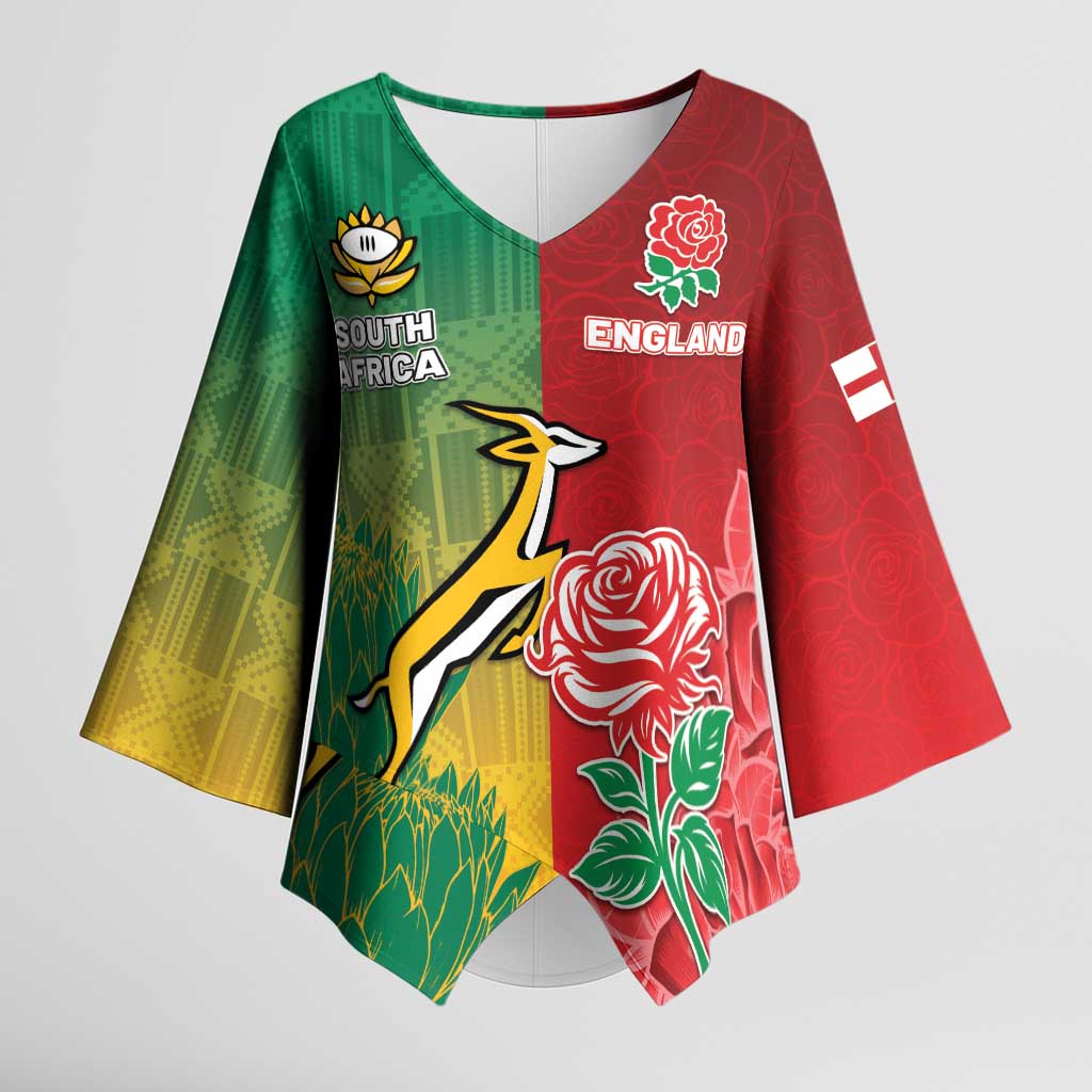 South Africa And England Rugby Custom Kimono Sleeve Blouse Springboks And Red Rose Together - Wonder Print Shop
